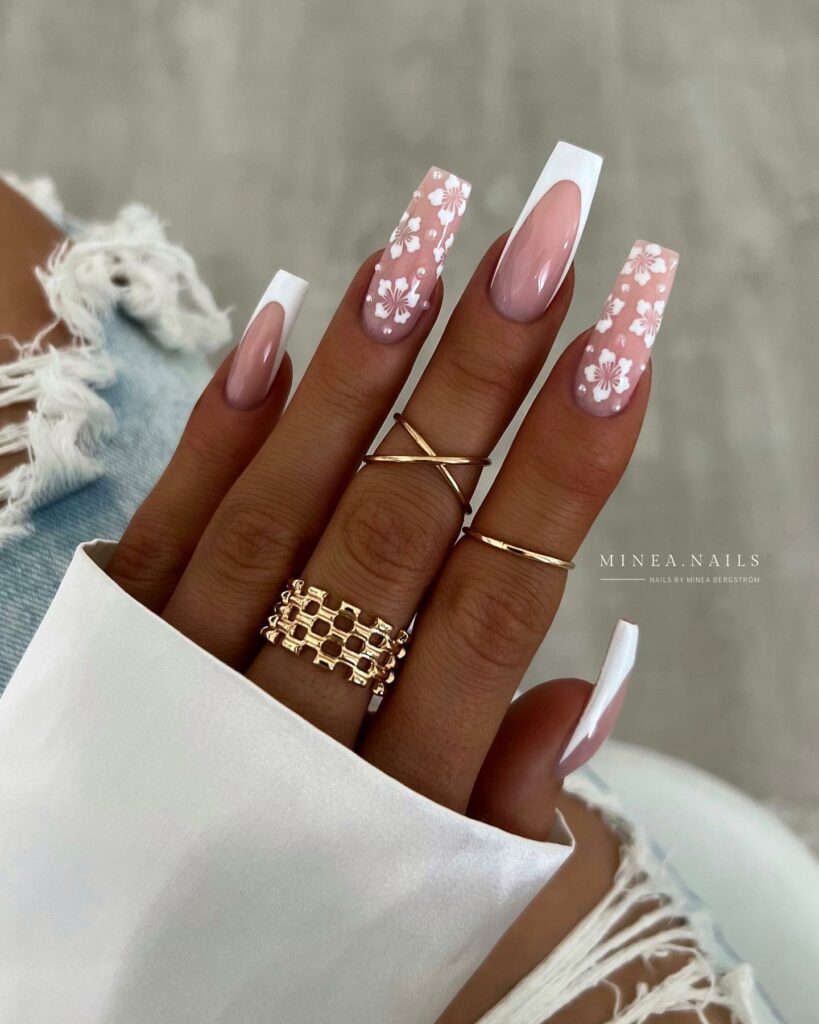 Classic French Long Nails with Florals