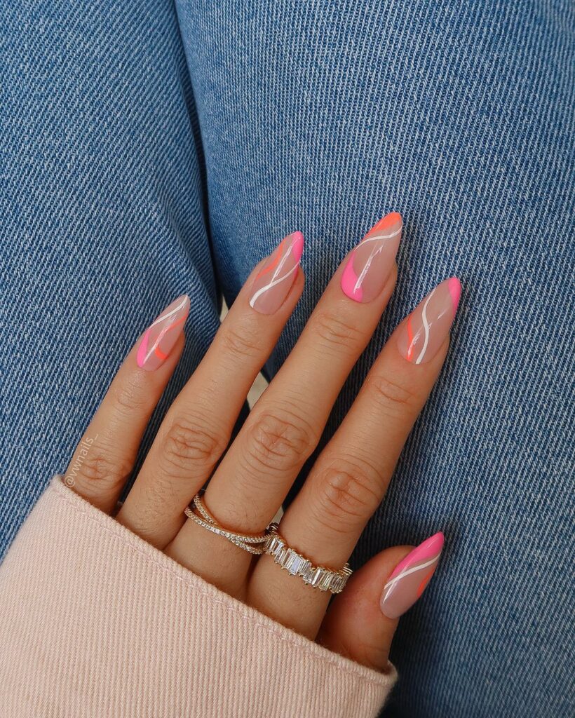 Swirling Designs on Clear Pink Nails