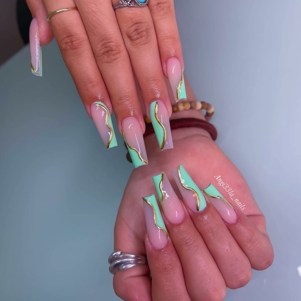 Sleek Coffin Mint Green Nails with Gilded Swirls