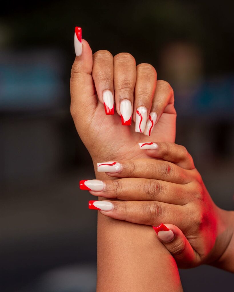 Coffin Red and White Nails 