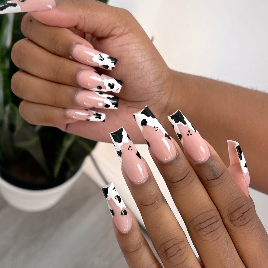 Cow Print Inspired French Long Nails