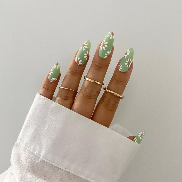 Sage Green Nails Adorned with Delicate Florals