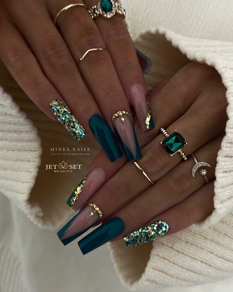 Jewel Tones and Glitter Fusion on Green Nails