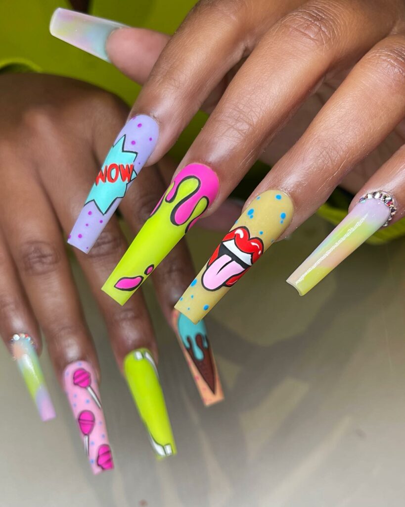 Dynamic Electric Shades in Cartoon Nails