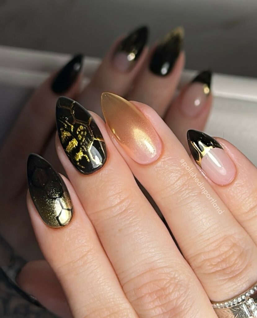 Fine Lines Black and Gold Nails