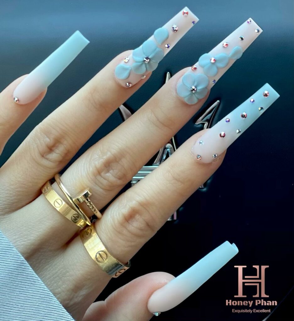 Blossoming Floral Acrylic Baby Blue Nails