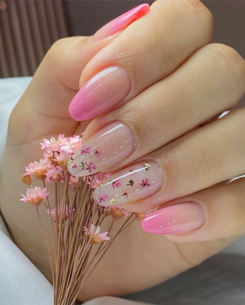 Floral Designs on Clear Pink Nails