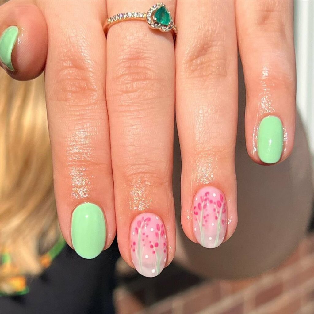 Mint Green Nails with Delicate Floral Art