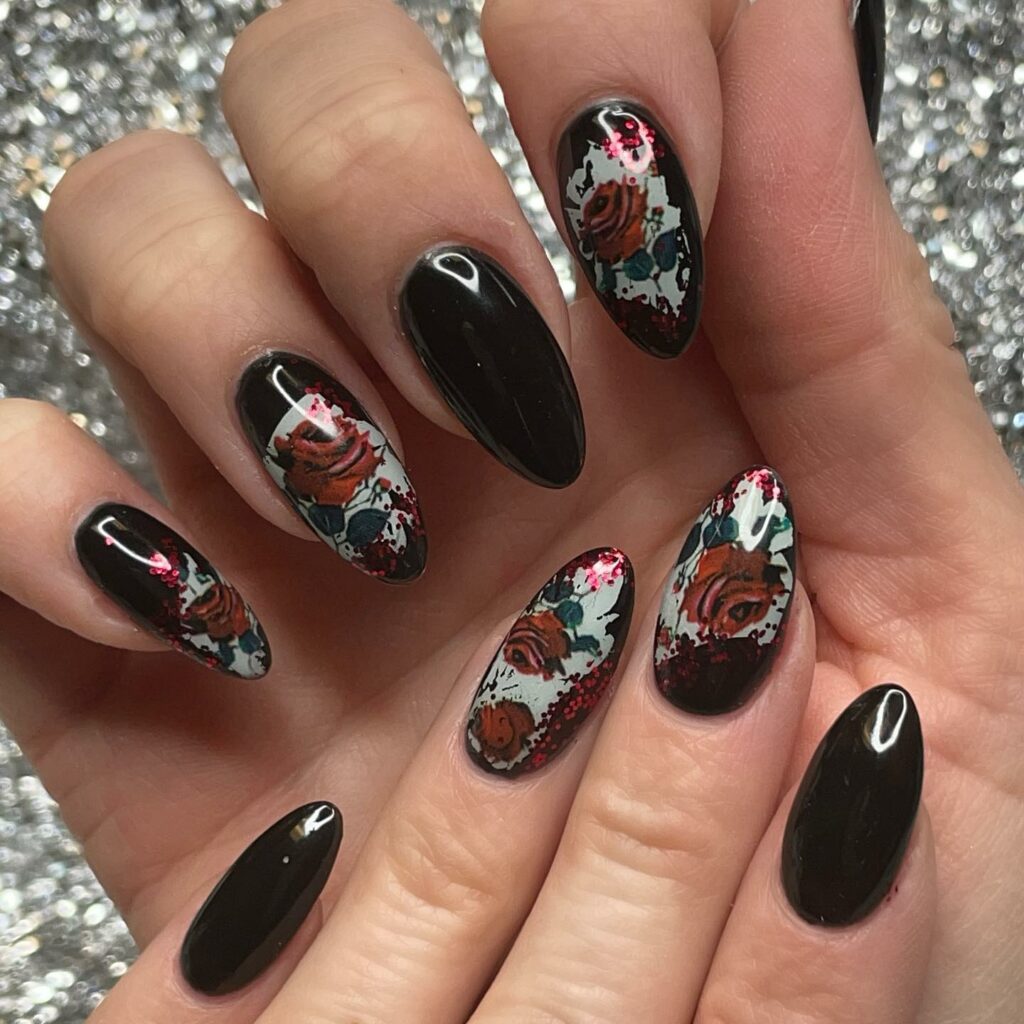 Flower Black and Red nails