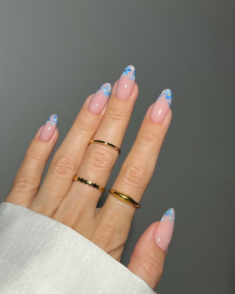 French Blue Nails with a Floral Touch