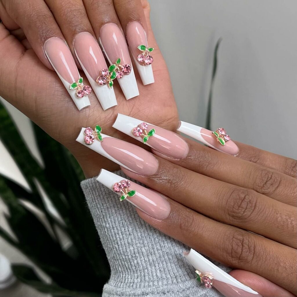 French Long Nails with Cherry Designs