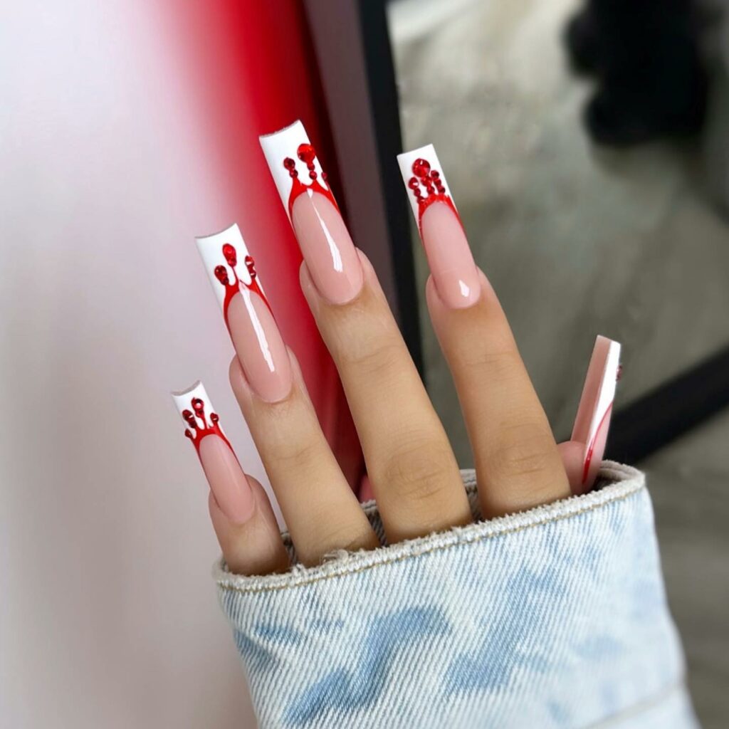 French Long Nails with Dripping Red