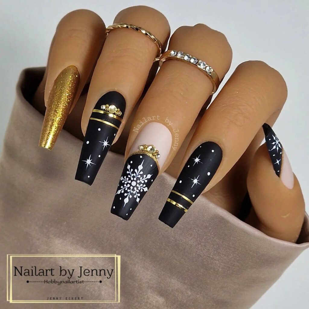 Geometric Black and Gold Nails