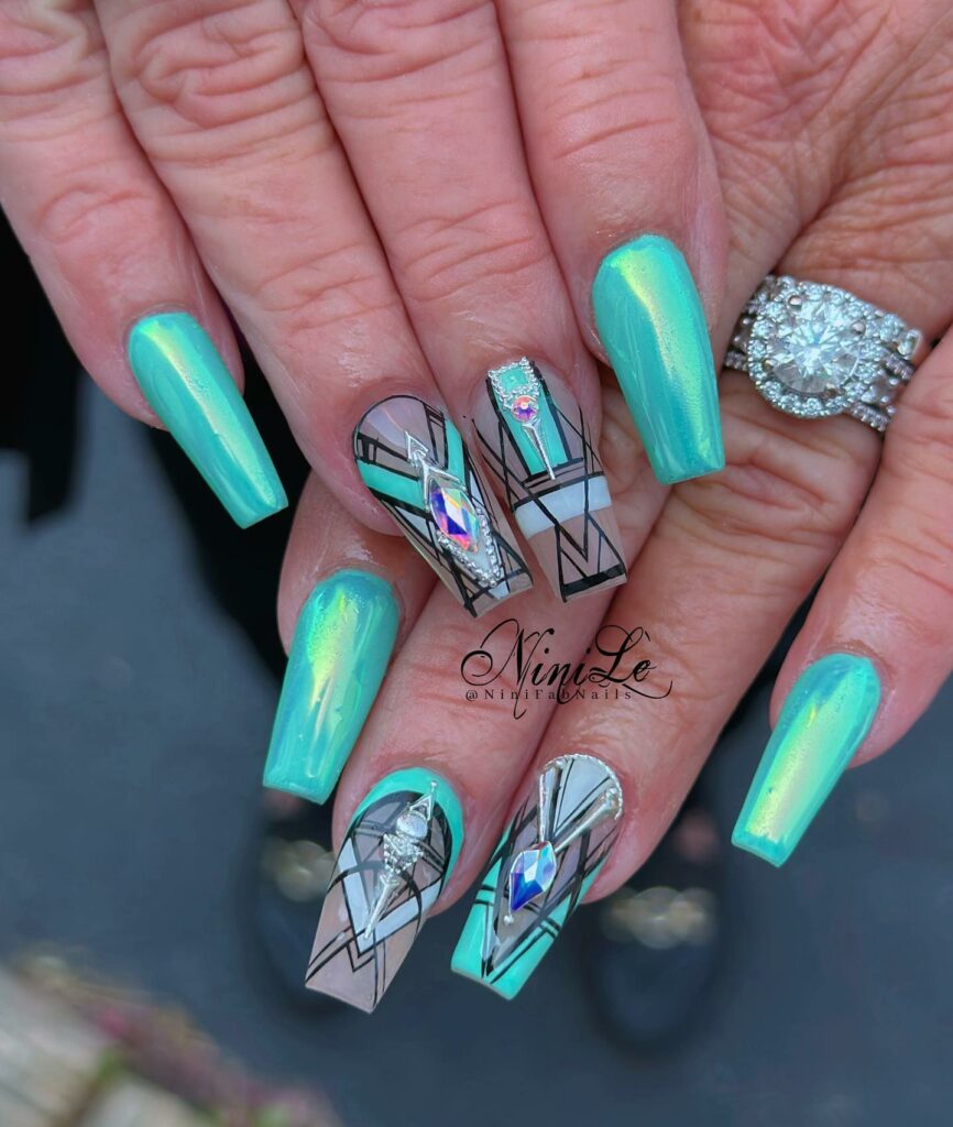 Angular Elegance Teal Nails