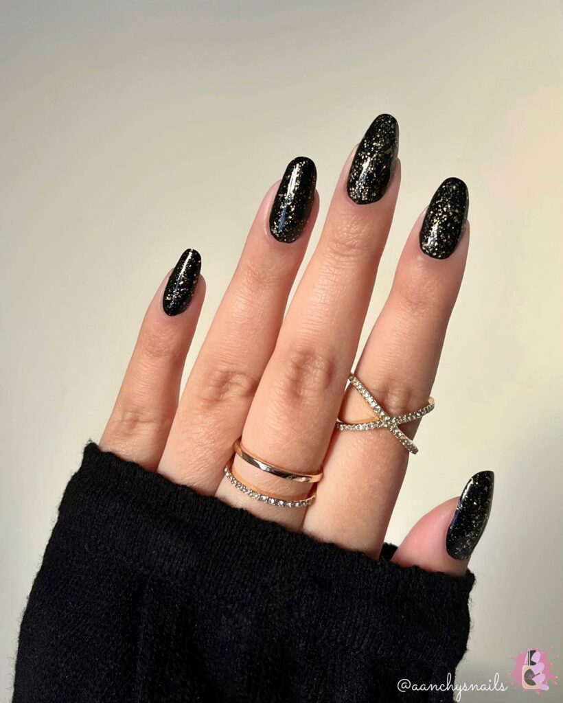 Glitter Black and Gold Nails