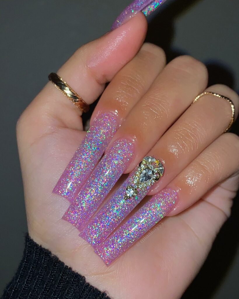 Dazzling Glitter Accents on Clear Pink Nails 