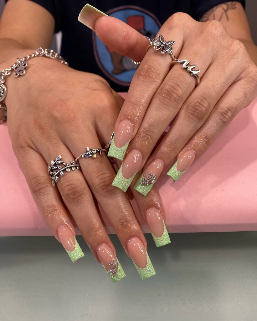 Dazzling Mint Green Nails with a Hint of Glitter