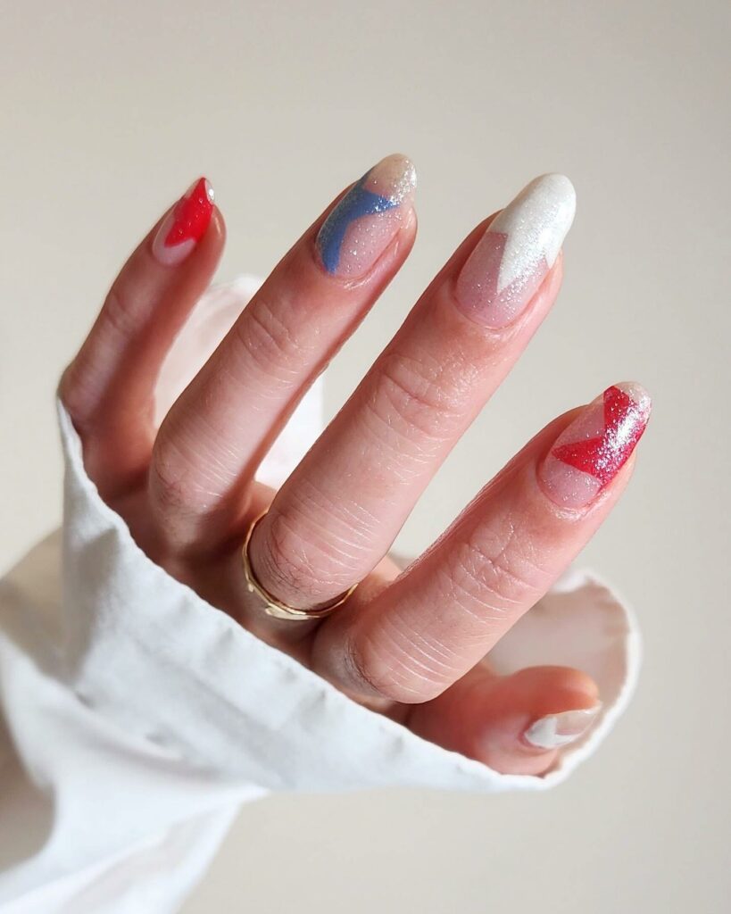 Glittery Nails in Red, White, and Blue