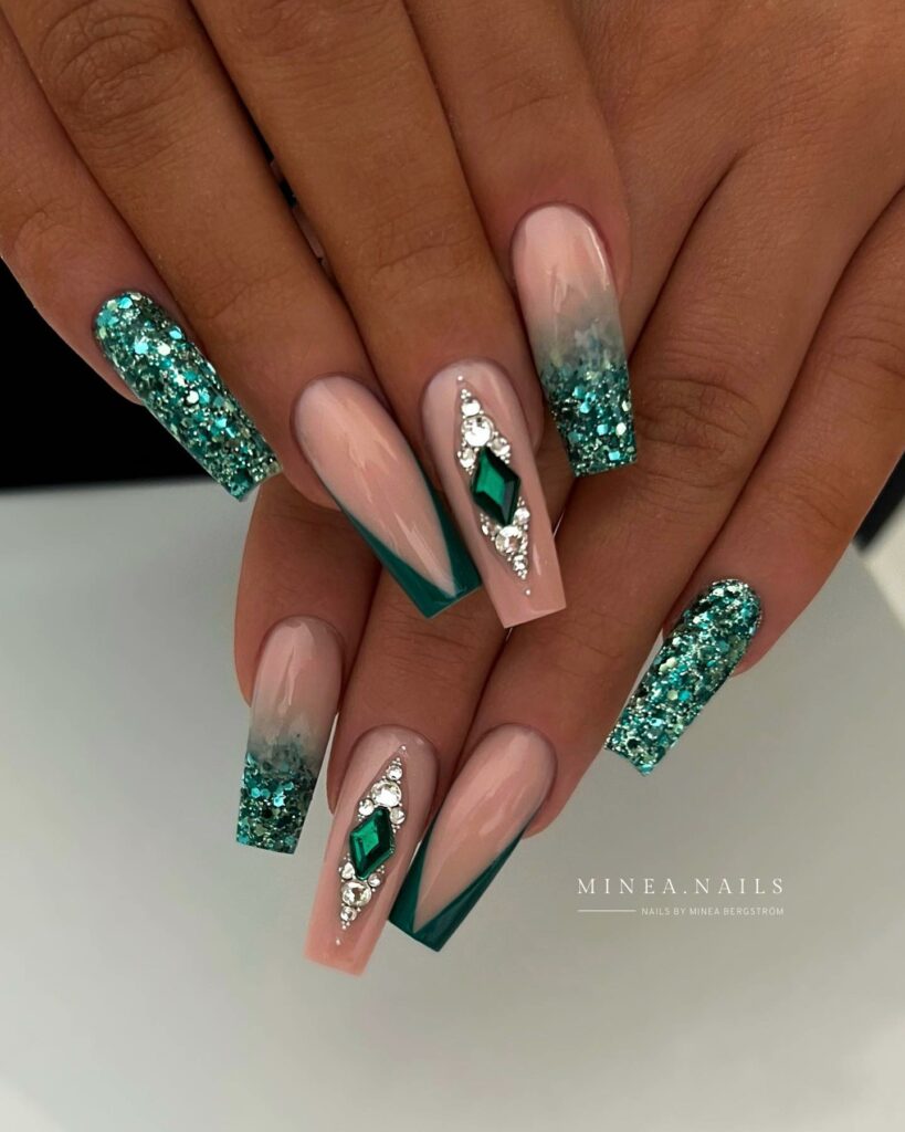 Glittery Green Nails Shaped for Elegance