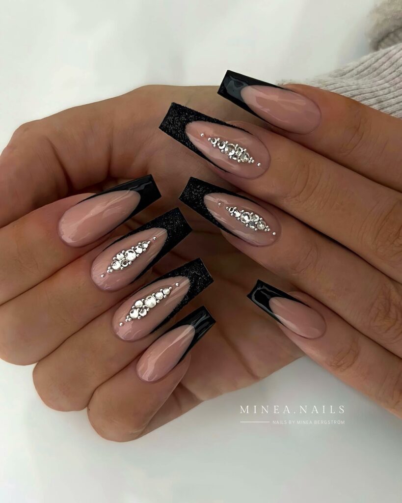 Glossy Black French Long Nails