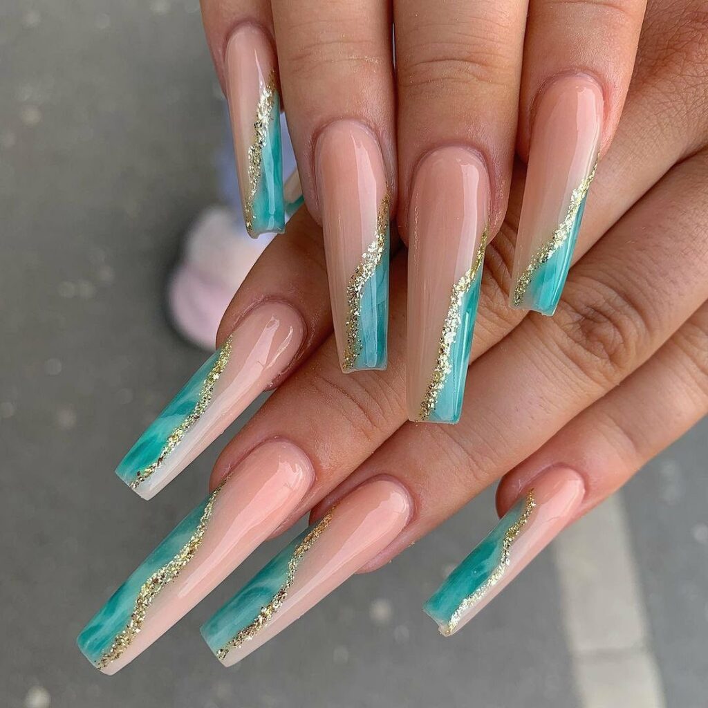 Gold Teal Nails