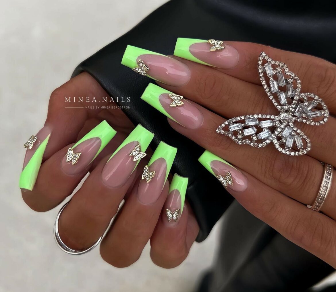 Neon Green Long French Nails