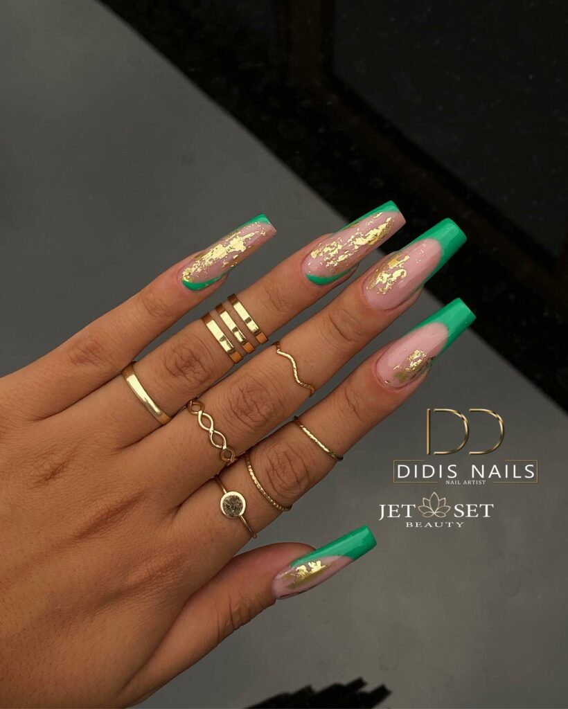 Green Long French Coffin Nails with Gold Foil