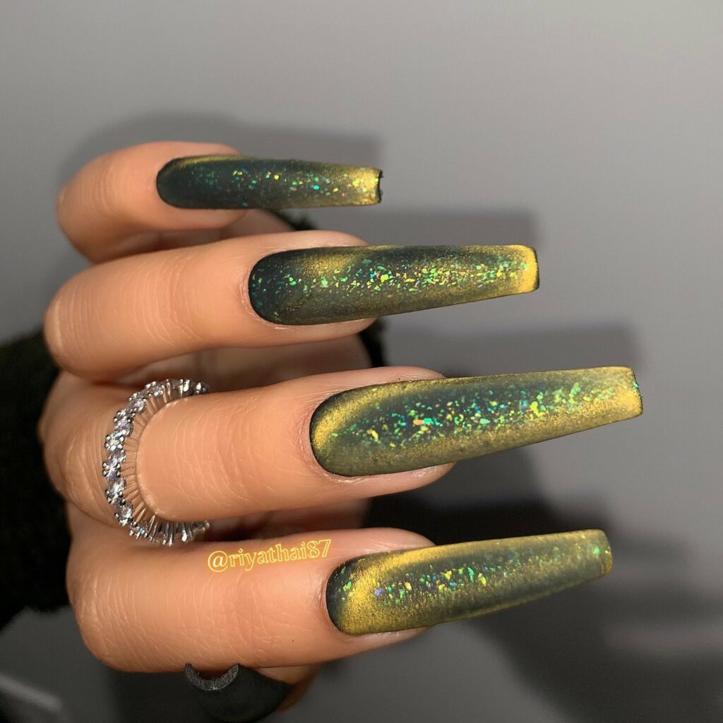 Cosmic Green Glitter Galaxy Nails