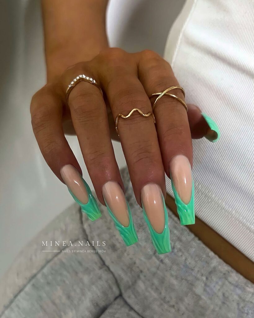 Green Gradient Long French Nails