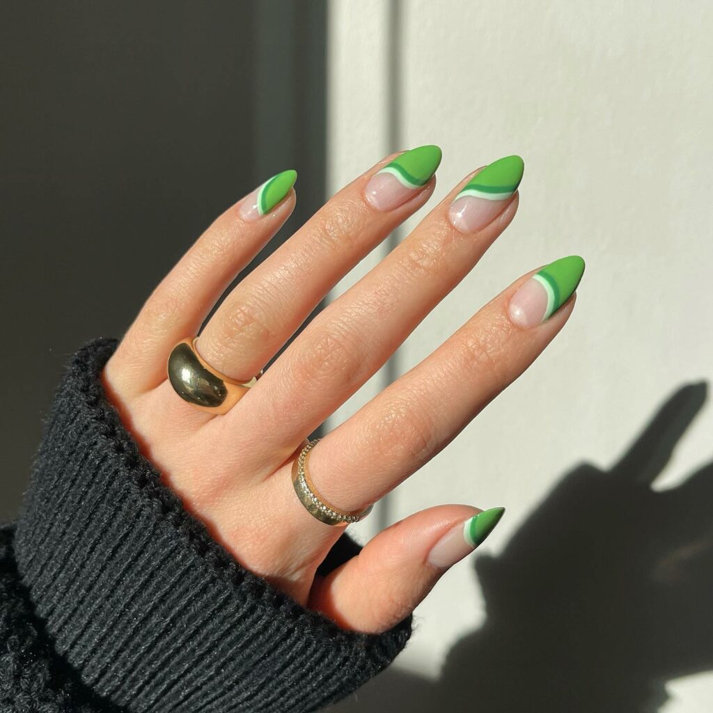 French Swirl Green Nails with Graceful Lines