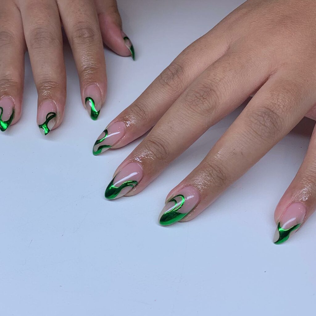 Abstract Swirl Chrome Green Nails