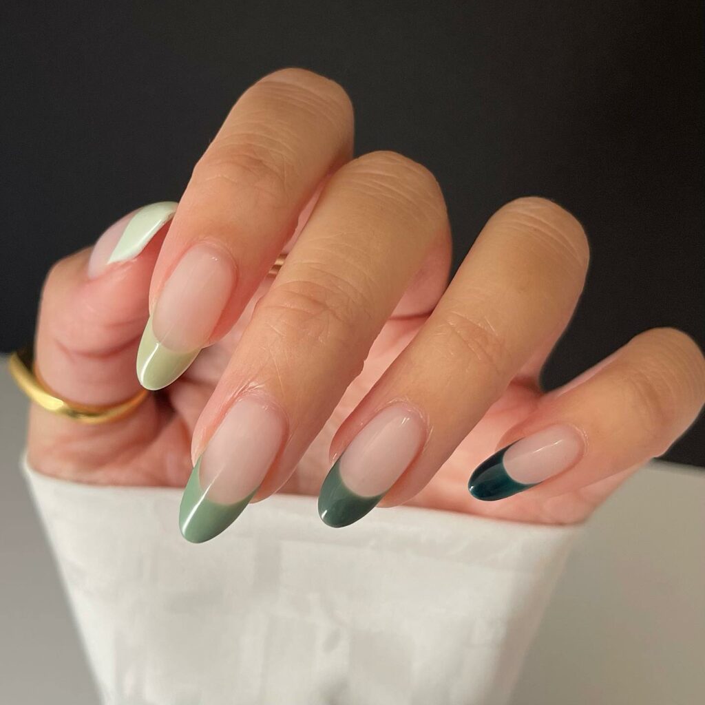 Almond French Green Nails with a Modern Twist