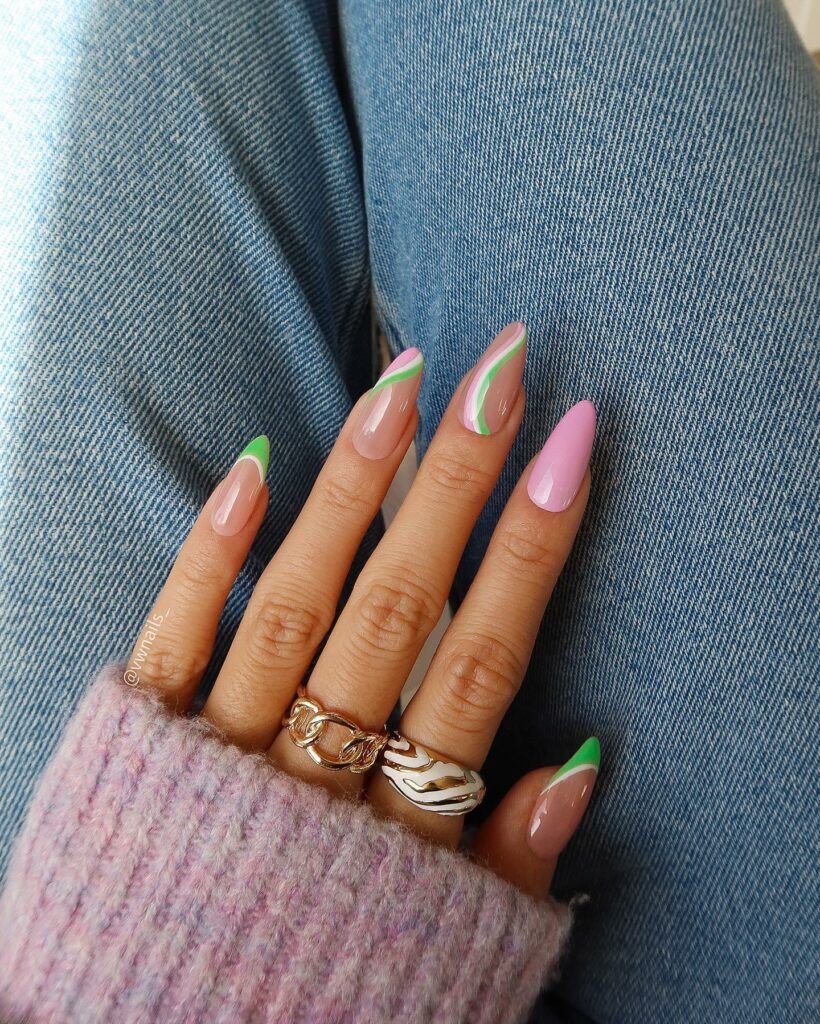 Delightful Pink and Green Nails