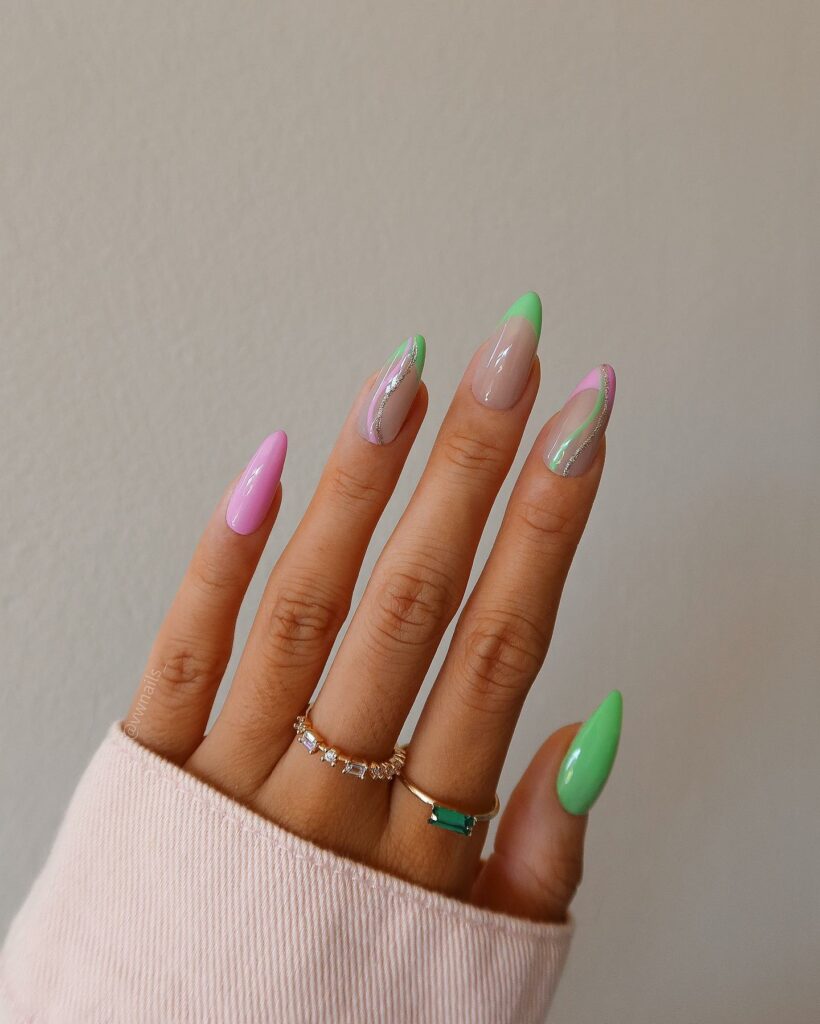 Delicate Dance of Pink and Green Nail Hues