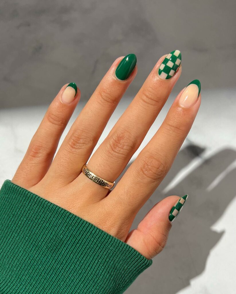 Green Nails with Classic Monochromatic Patterns