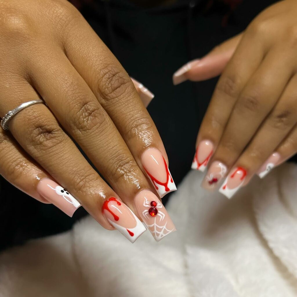 Halloween Red and White Square Nails