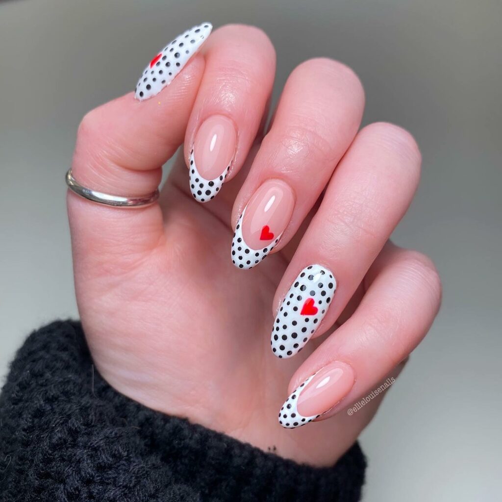 Heart Red and Dotted White Nails