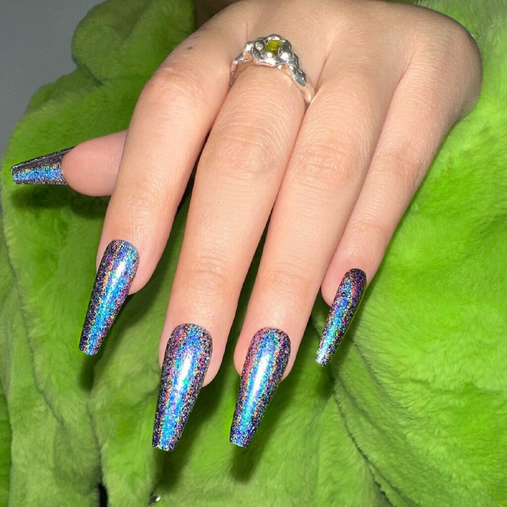 Futuristic Holographic Blue Coffin Nails