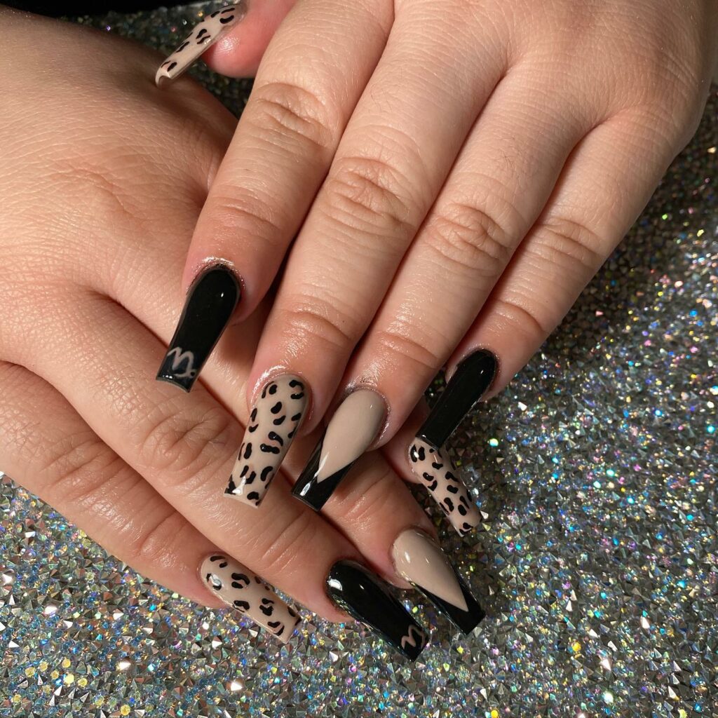 Leopard Print Black and Gold Nails