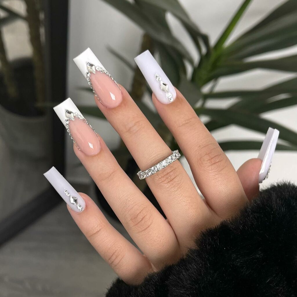 Luxe Jeweled White Apex Long French Nails