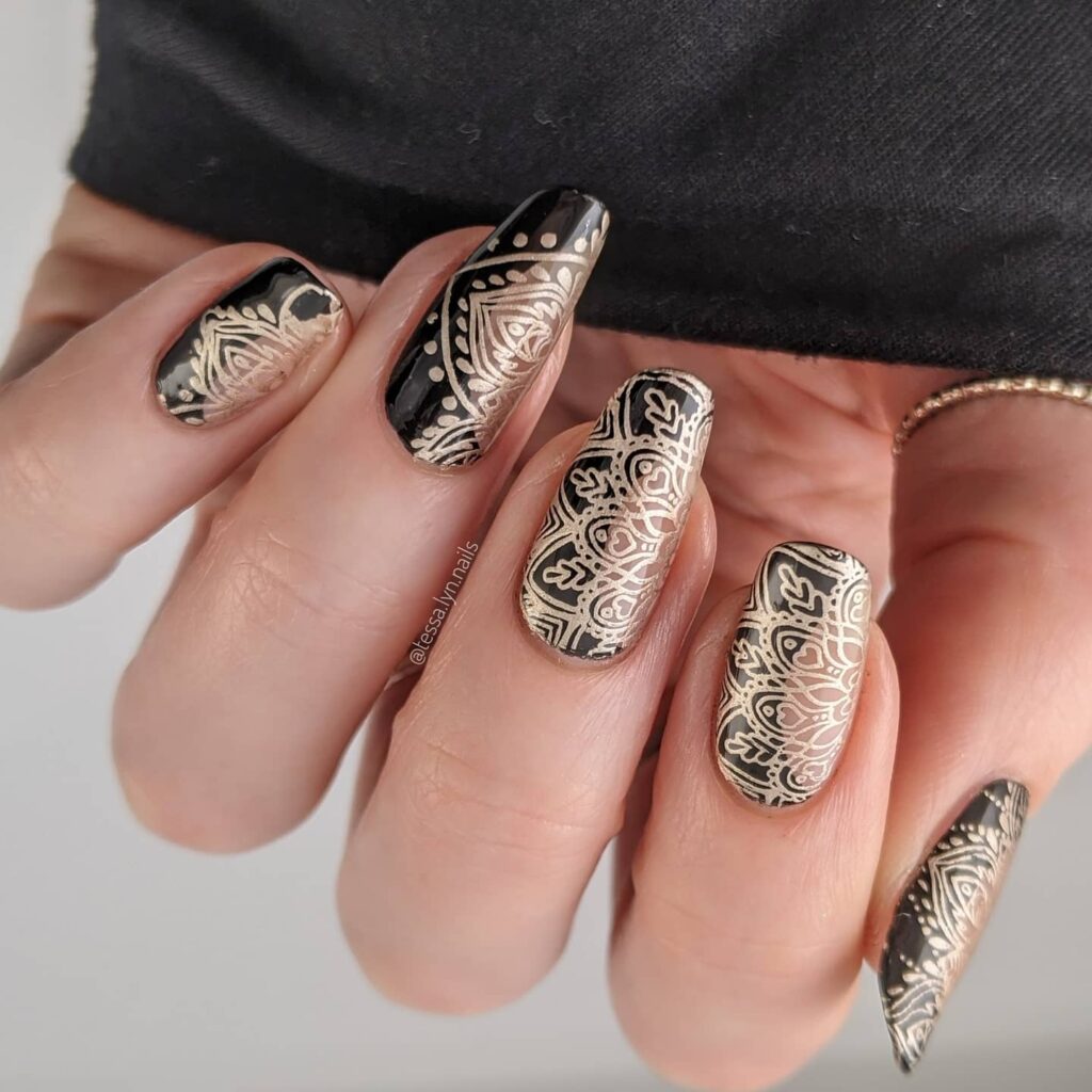 Mandala Black and Gold Nails