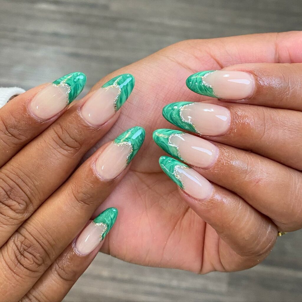 French Mint Green Nails with Marble Effect