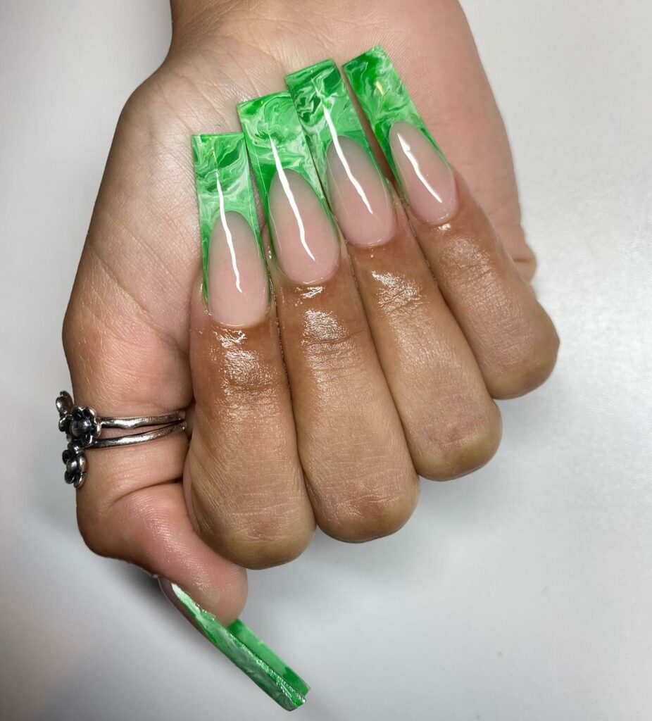 Marbled Green Long French Nails