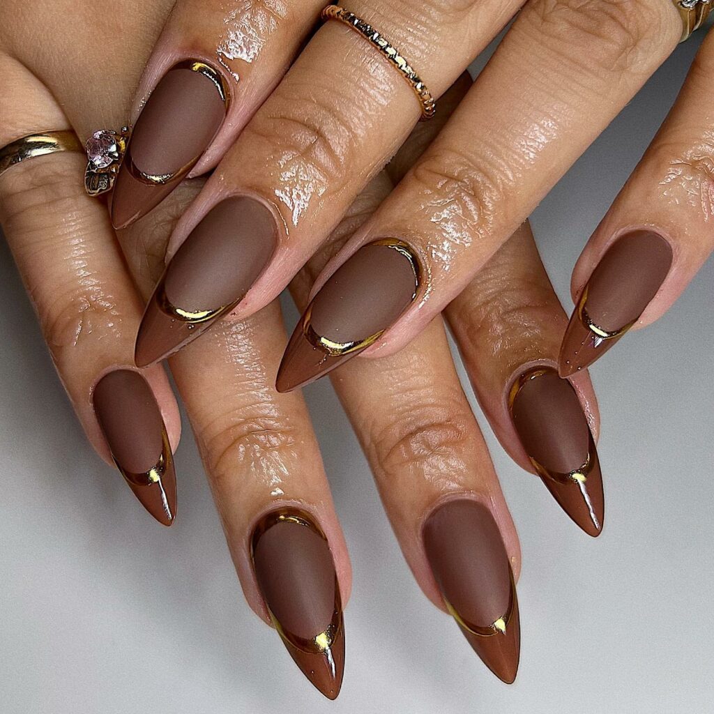 Matte Brown Gradient Nails With Rhinestone