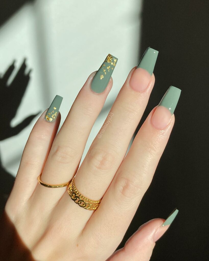 Matte Green French Nails with Gilded Accents