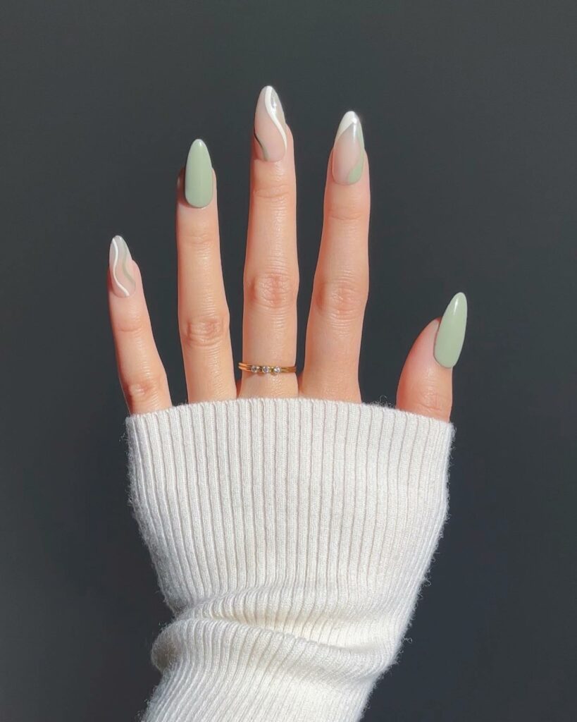 Matte Sage Green Nails with Detailed Swirls