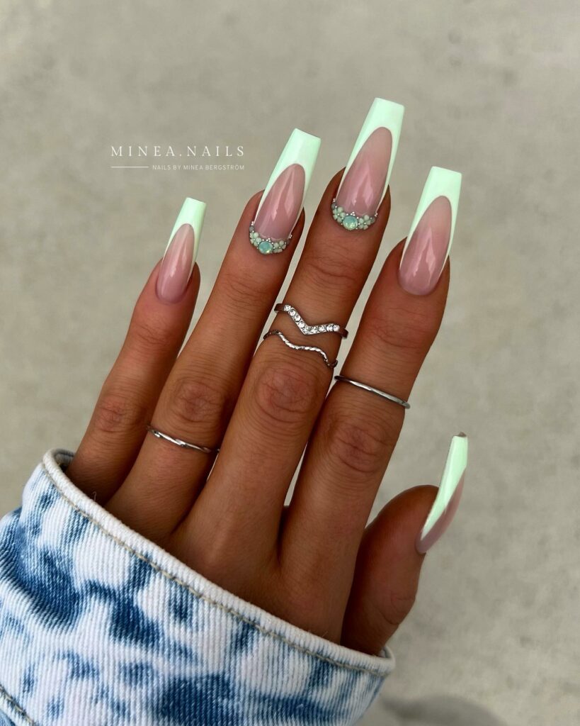 Mint Green French Long Nails