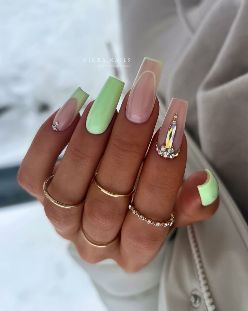 Mint Green Nails Embellished with Sparkle