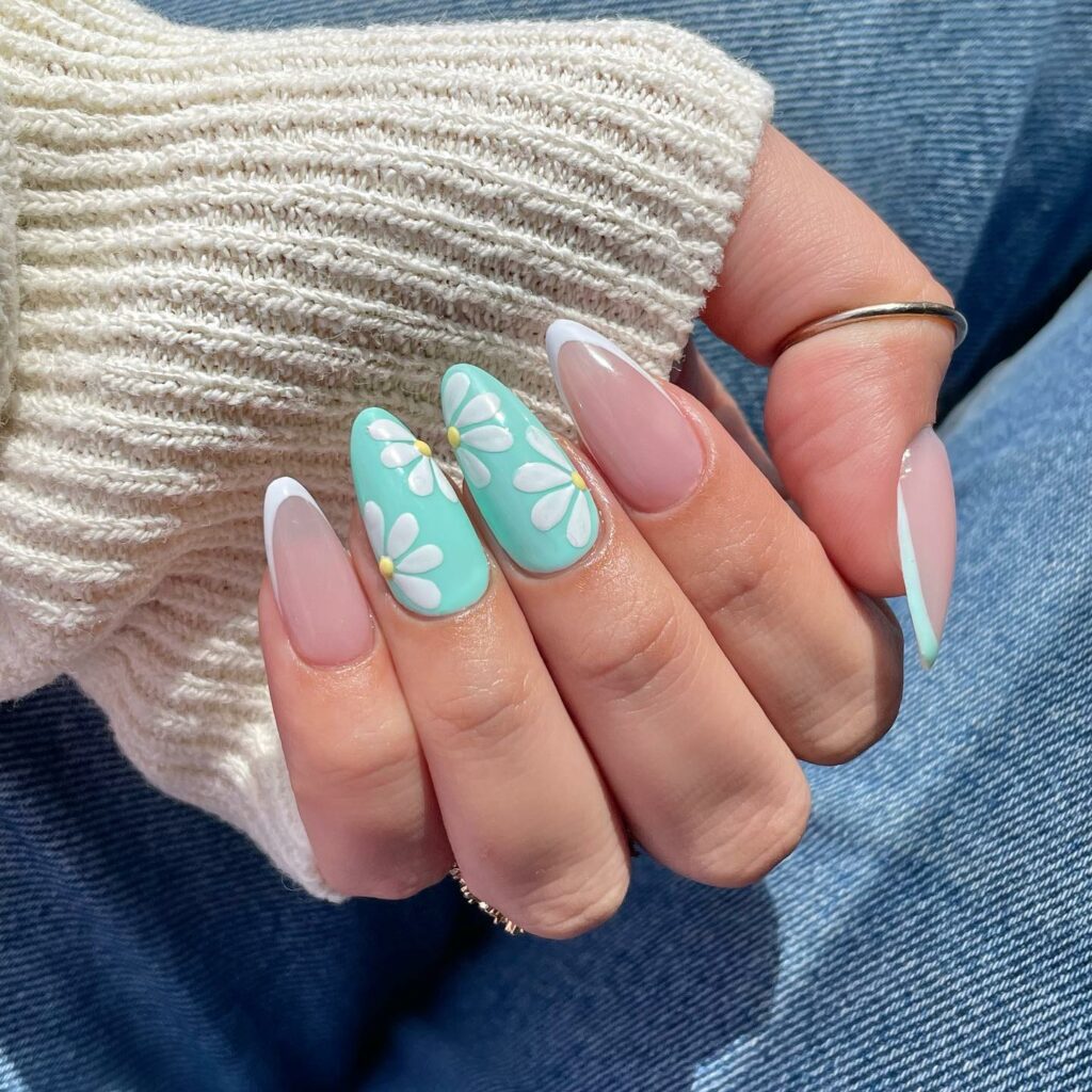 Botanical Illustrations on Mint Green Nails