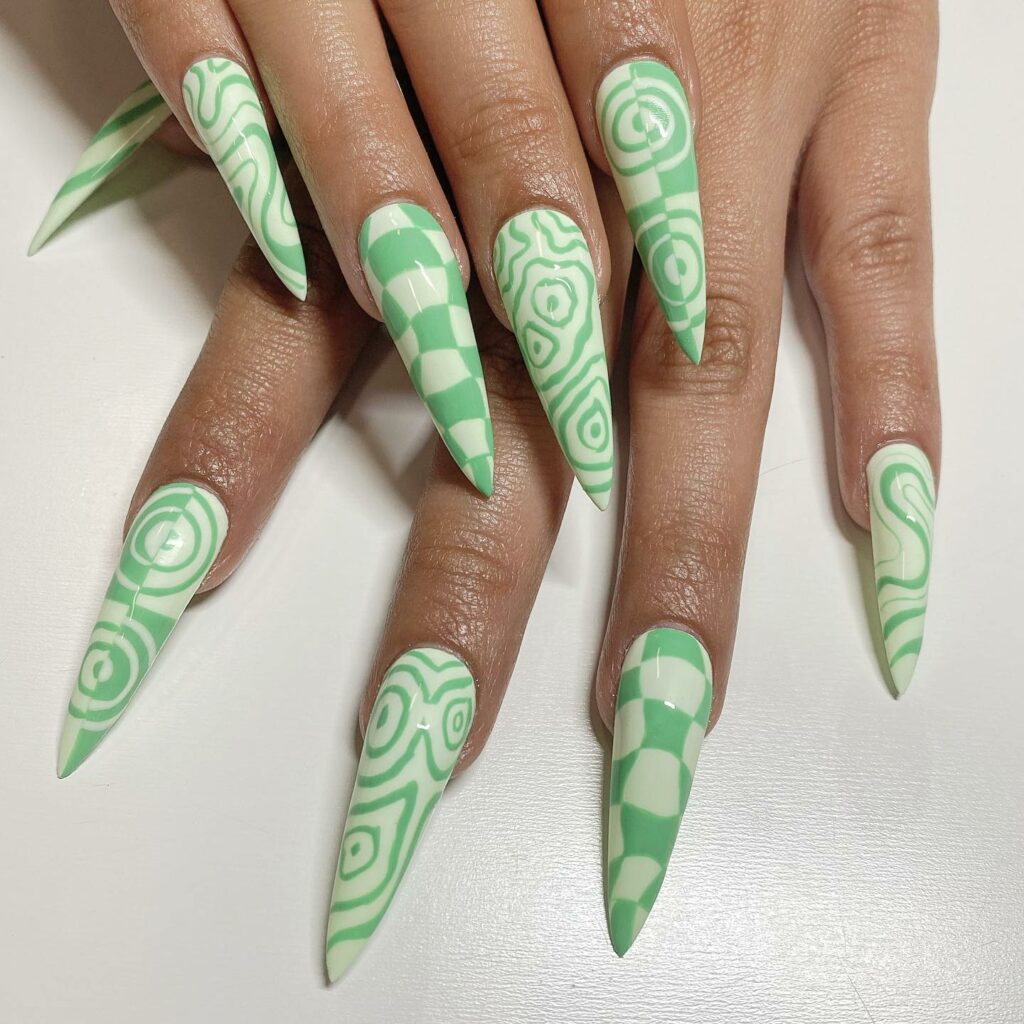 Dynamic Designs with Swirls and Stripes Green Nails